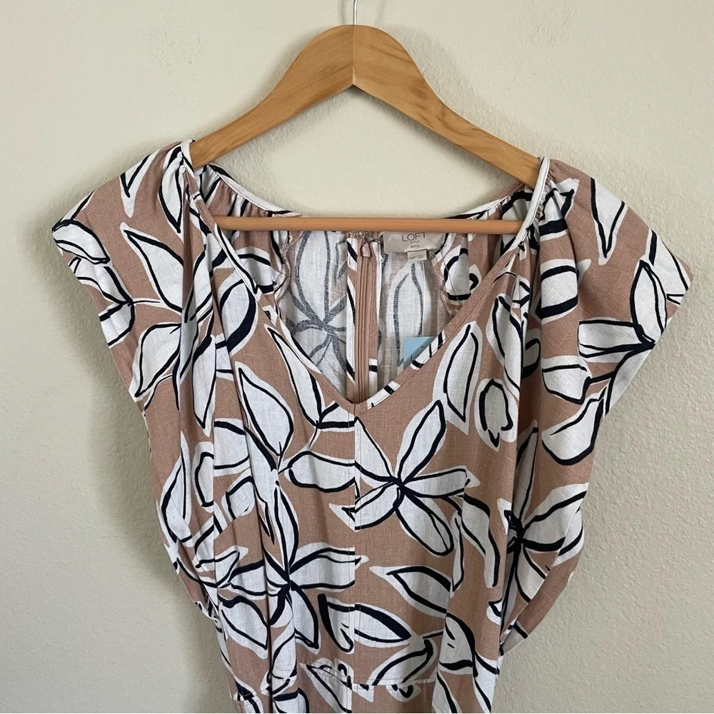 NWT Loft Outlet Linen Blend Floral Print Ivory Tan Navy Dress Size 14P